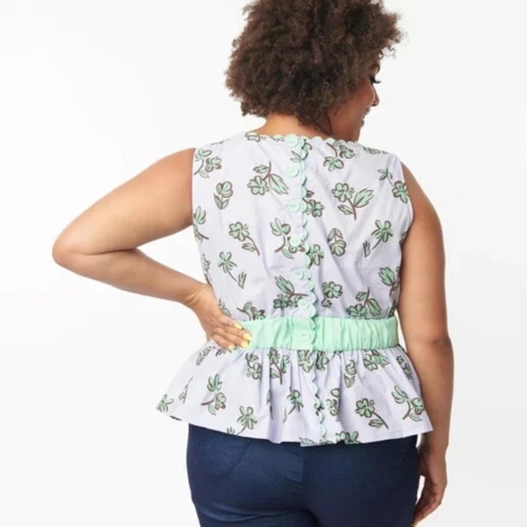 Unique Vintage Lavender & Mint Green Floral Print Peplum Honeybun Top - XL/14 - Picture 2 of 8